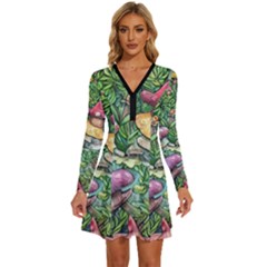 Sacred Mushroom Charm Long Sleeve Deep V Mini Dress 