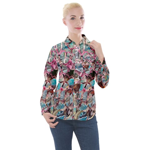 Aqua Blend Women s Long Sleeve Pocket Shirt by kaleidomarblingart