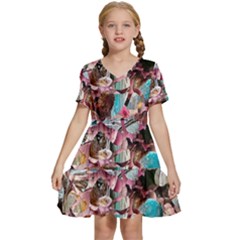 Aqua Blend Kids  Short Sleeve Tiered Mini Dress by kaleidomarblingart