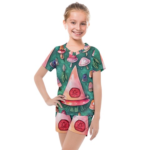 Magic Mushroom Wizardry Kids  Mesh Tee And Shorts Set by GardenOfOphir