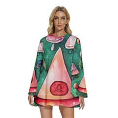 Magic Mushroom Wizardry Round Neck Long Sleeve Bohemian Style Chiffon Mini Dress