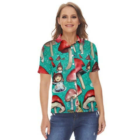 Magic Mushroom Women s Short Sleeve Double Pocket Shirt by GardenOfOphir