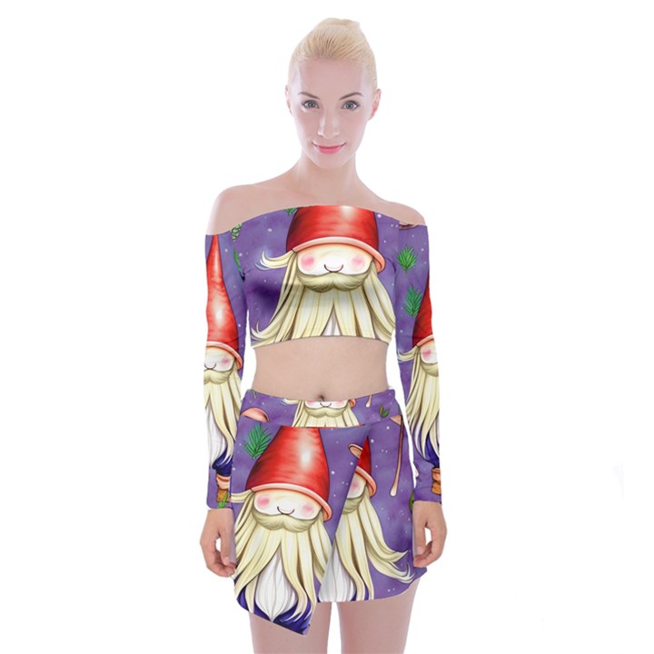 Sacred Mushroom Off Shoulder Top with Mini Skirt Set