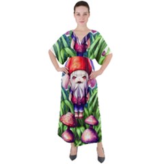 Liberty Cap Mushroom Art V-neck Boho Style Maxi Dress by GardenOfOphir