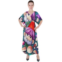 Sacred Mushroom Art V-neck Boho Style Maxi Dress by GardenOfOphir