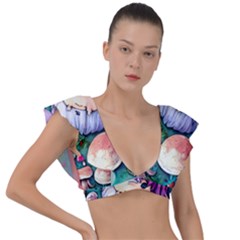 Sacred Mushroom Art Plunge Frill Sleeve Bikini Top by GardenOfOphir