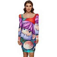 Sacred Mushroom Art Women Long Sleeve Ruched Stretch Jersey Dress by GardenOfOphir