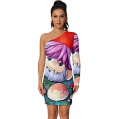 Sacred Mushroom Art Long Sleeve One Shoulder Mini Dress by GardenOfOphir