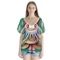 Toadstools For Charm Work V-neck Flutter Sleeve Top by GardenOfOphir