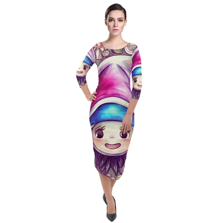 Magic Mushrooms For Conjuring Quarter Sleeve Midi Velour Bodycon Dress