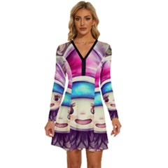 Magic Mushrooms For Conjuring Long Sleeve Deep V Mini Dress 