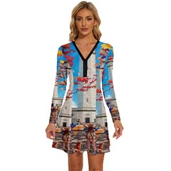 Lighthouse Long Sleeve Deep V Mini Dress  by artworkshop