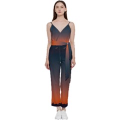 Sky Gradient V-neck Spaghetti Strap Tie Front Jumpsuit by artworkshop