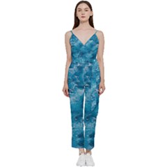 Blue Water Speech Therapy V-neck Spaghetti Strap Tie Front Jumpsuit by artworkshop