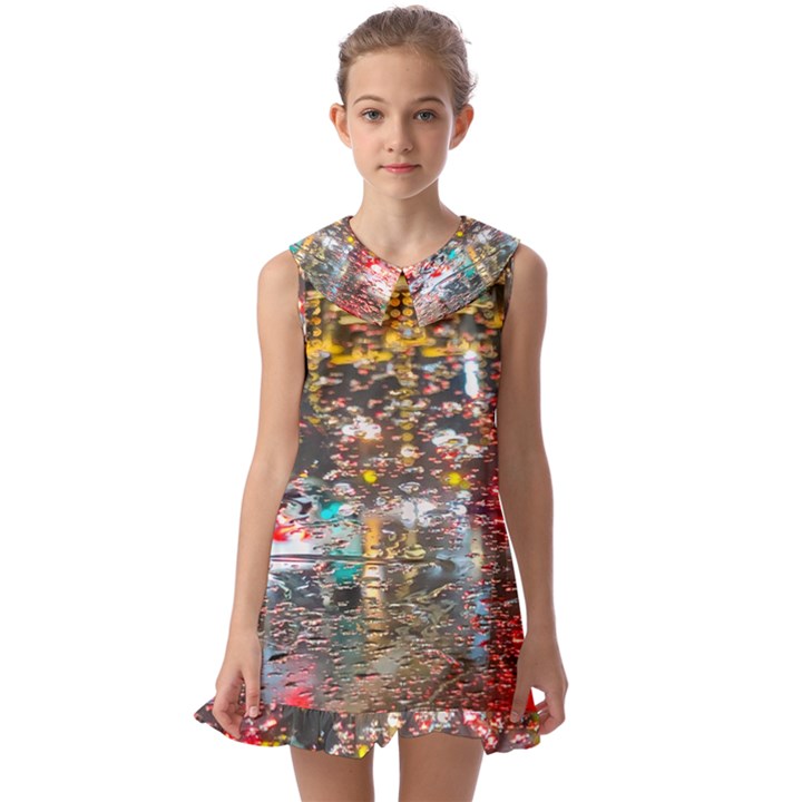 Water Droplets Kids  Pilgrim Collar Ruffle Hem Dress