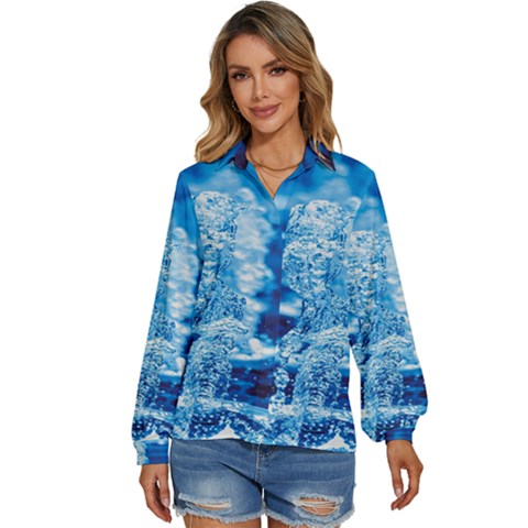 Water Blue Wallpaper Women s Long Sleeve Button Down Shirt by artworkshop