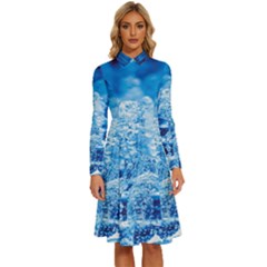 Water Blue Wallpaper Long Sleeve Shirt Collar A-line Dress