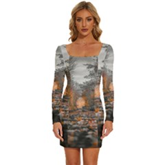 Breathe In Nature Background Long Sleeve Square Neck Bodycon Velvet Dress by artworkshop