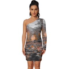 Breathe In Nature Background Long Sleeve One Shoulder Mini Dress by artworkshop