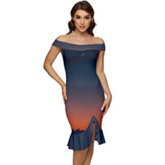 Sky Gradient Off Shoulder Ruffle Split Hem Bodycon Dress