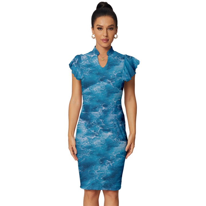 Blue Water Speech Therapy Vintage Frill Sleeve V-Neck Bodycon Dress