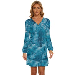 Blue Water Speech Therapy Long Sleeve Waist Tie Ruffle Velvet Dress