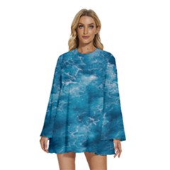 Blue Water Speech Therapy Round Neck Long Sleeve Bohemian Style Chiffon Mini Dress