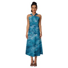 Blue Water Speech Therapy Sleeveless Cross Front Cocktail Midi Chiffon Dress