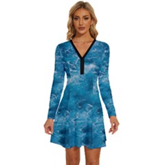 Blue Water Speech Therapy Long Sleeve Deep V Mini Dress 