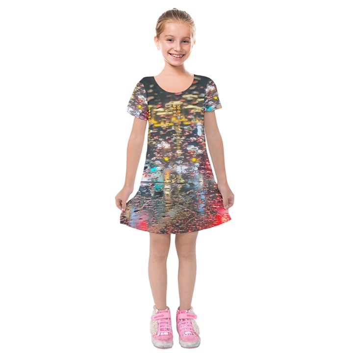 Water Droplets Kids  Short Sleeve Velvet Dress