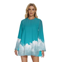 Clouds Hd Wallpaper Round Neck Long Sleeve Bohemian Style Chiffon Mini Dress