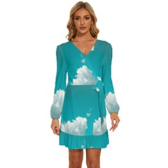 Clouds Hd Wallpaper Long Sleeve Waist Tie Ruffle Velvet Dress