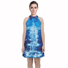 Water Blue Wallpaper Velvet Halter Neckline Dress 