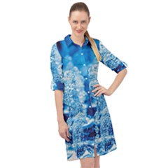 Water Blue Wallpaper Long Sleeve Mini Shirt Dress by artworkshop