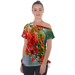 Gathering Sping Flowers Wallpapers Off Shoulder Tie-up Tee