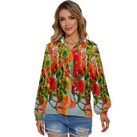 Gathering Sping Flowers Wallpapers Women s Long Sleeve Button Down Shirt by artworkshop