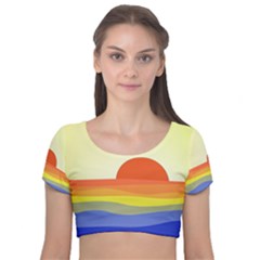 Sunset Nature Sea Ocean Velvet Short Sleeve Crop Top  by Ravend