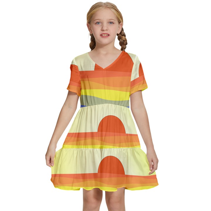 Sunset Nature Sea Ocean Kids  Short Sleeve Tiered Mini Dress