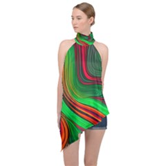 Background Green Red Halter Asymmetric Satin Top by Ravend