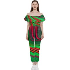 Background Green Red Off Shoulder Ruffle Top Jumpsuit by Ravend