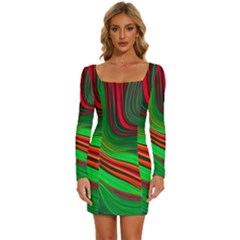 Background Green Red Long Sleeve Square Neck Bodycon Velvet Dress by Ravend