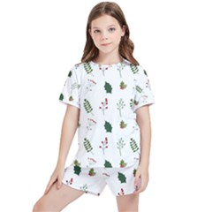 Leaves Mistletoe Plants Winter Kids  Tee And Sports Shorts Set by Ravend