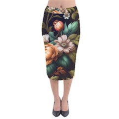 Floral Flower Blossom Bloom Flora Velvet Midi Pencil Skirt by Ravend