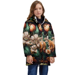 Floral Flower Blossom Bloom Flora Kid s Hooded Longline Puffer Jacket by Ravend