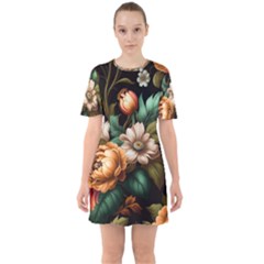 Floral Flower Blossom Bloom Flora Sixties Short Sleeve Mini Dress by Ravend