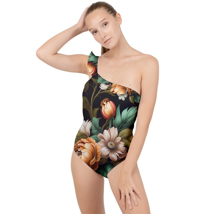 Floral Flower Blossom Bloom Flora Frilly One Shoulder Swimsuit