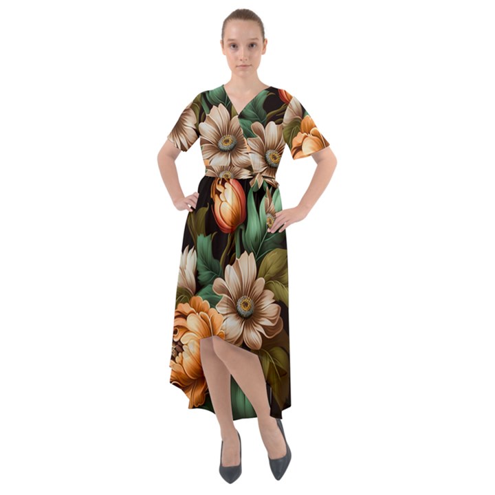 Floral Flower Blossom Bloom Flora Front Wrap High Low Dress