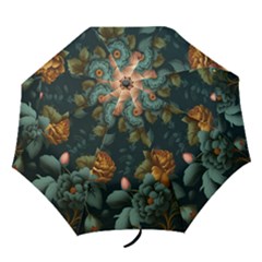 Floral Flower Blossom Turquoise Folding Umbrellas by Ravend