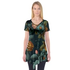 Floral Flower Blossom Turquoise Short Sleeve Tunic  by Ravend