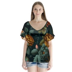 Floral Flower Blossom Turquoise V-neck Flutter Sleeve Top by Ravend